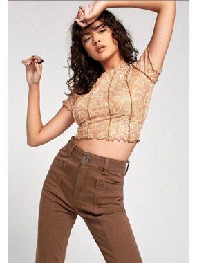 MOTEL Tinara Mushroom Print Neutral Crop Top Size Small NEW NWT